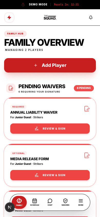 The Squad Family Hub shown on a mobile phone