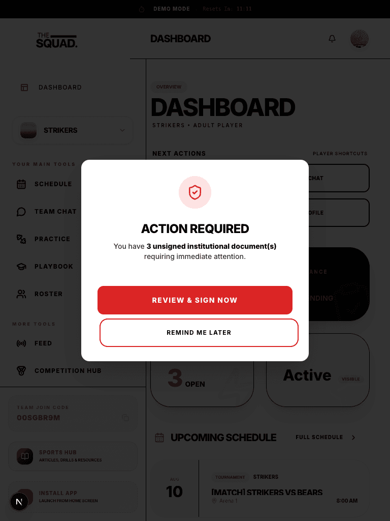 The Squad player dashboard shown on a tablet