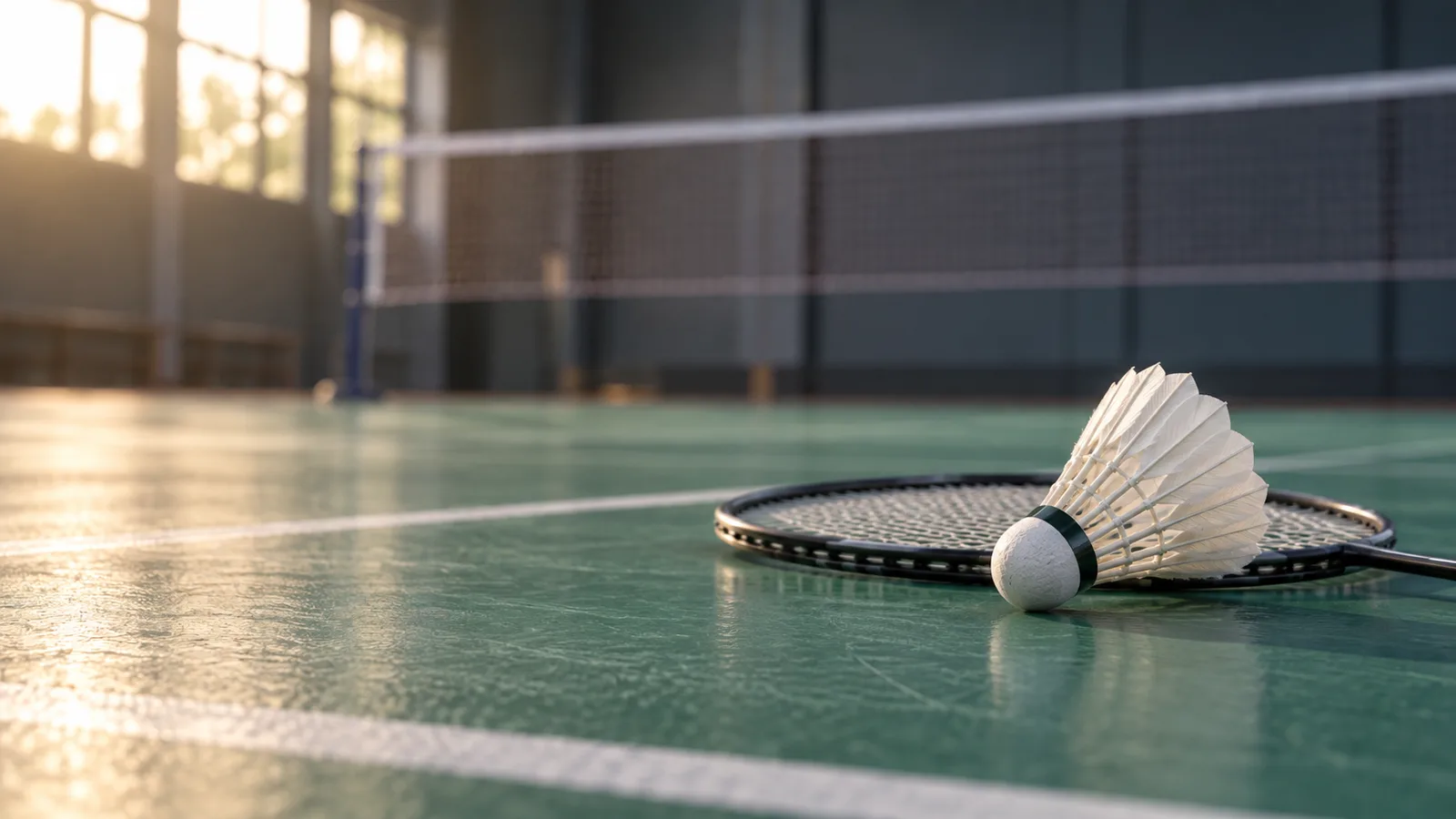 Feather shuttlecock and badminton racket on a green indoor court