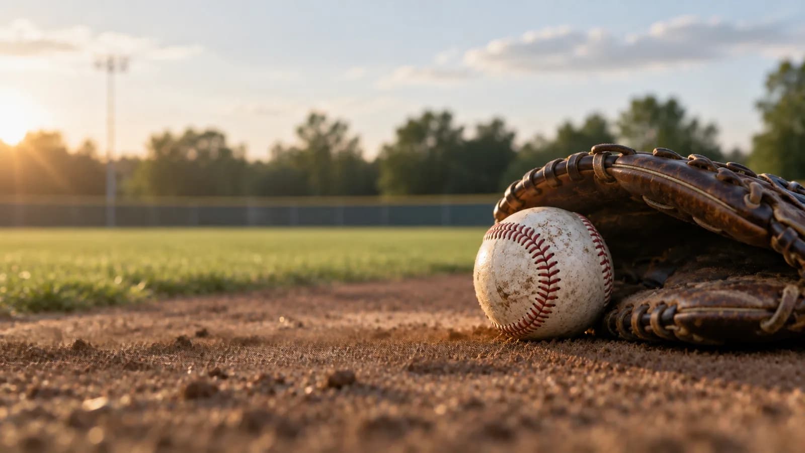 Baseball and leather glove on the dirt beside a baseball field