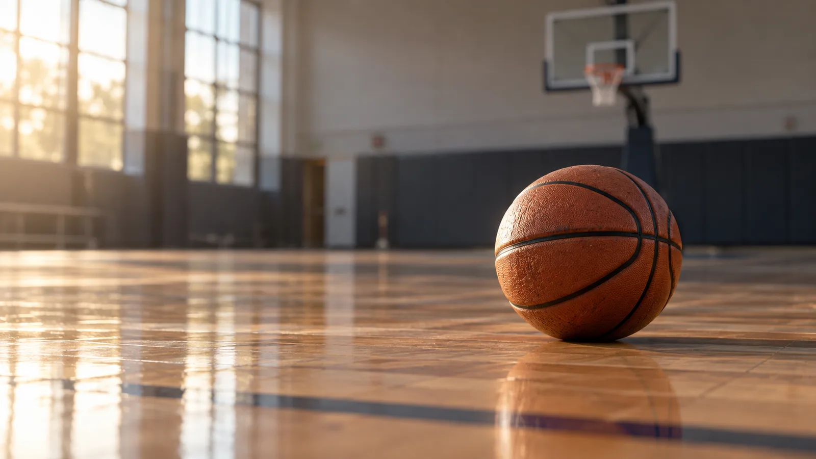 Basketball on a wooden indoor court with a hoop in the background