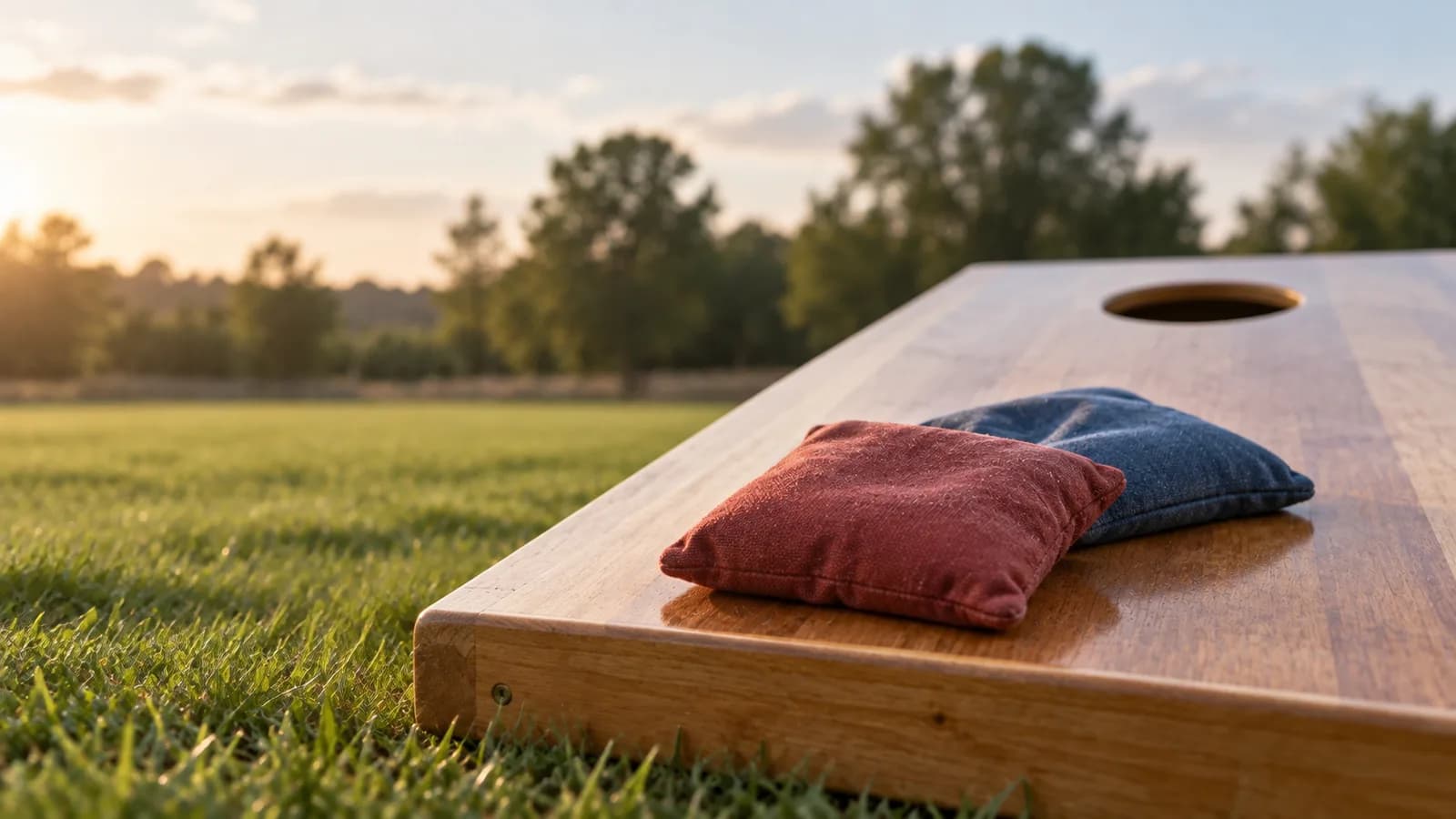 Fabric bean bags on a wooden cornhole board in a grass recreation area