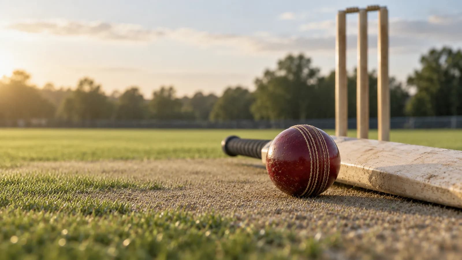 Red cricket ball beside a willow bat with stumps behind on a pitch