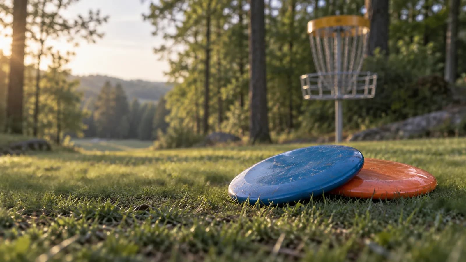 Disc golf discs on grass with a chain basket on a wooded course
