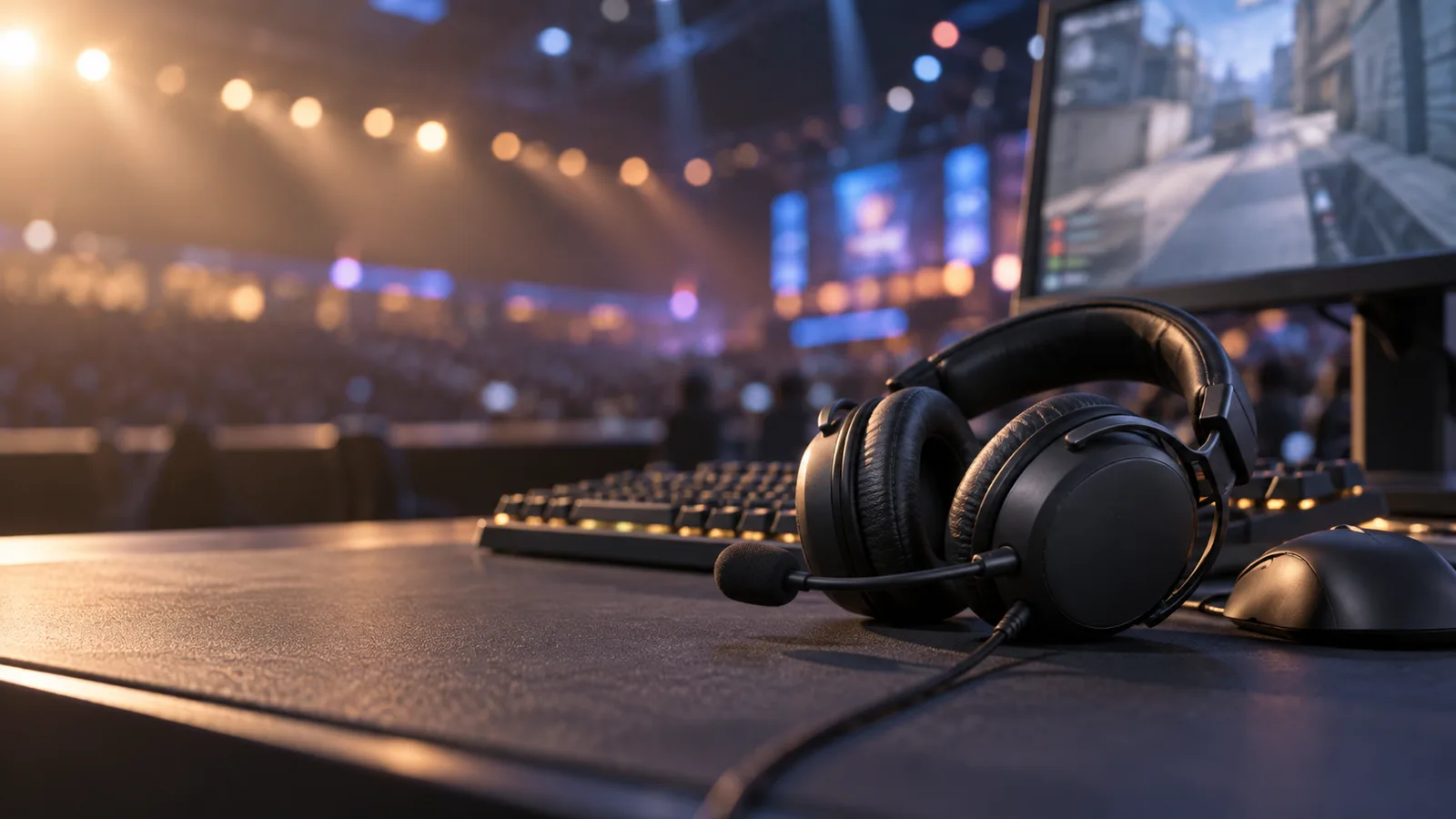 Gaming headset, keyboard, and mouse at an esports desk