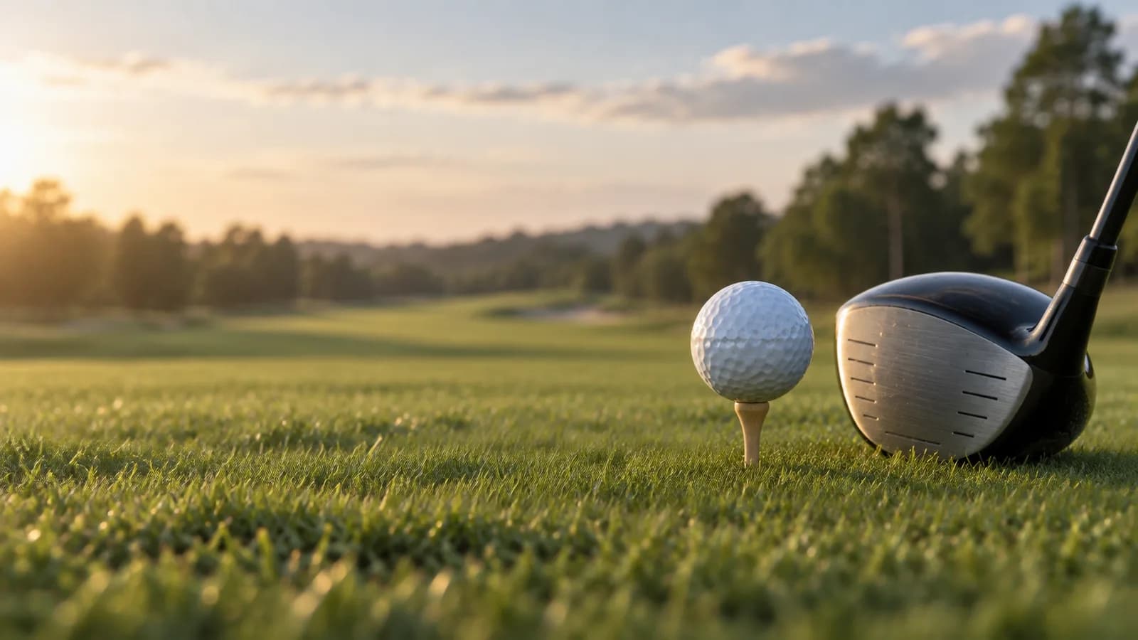 Golf ball on a tee beside a driver with a fairway in the background
