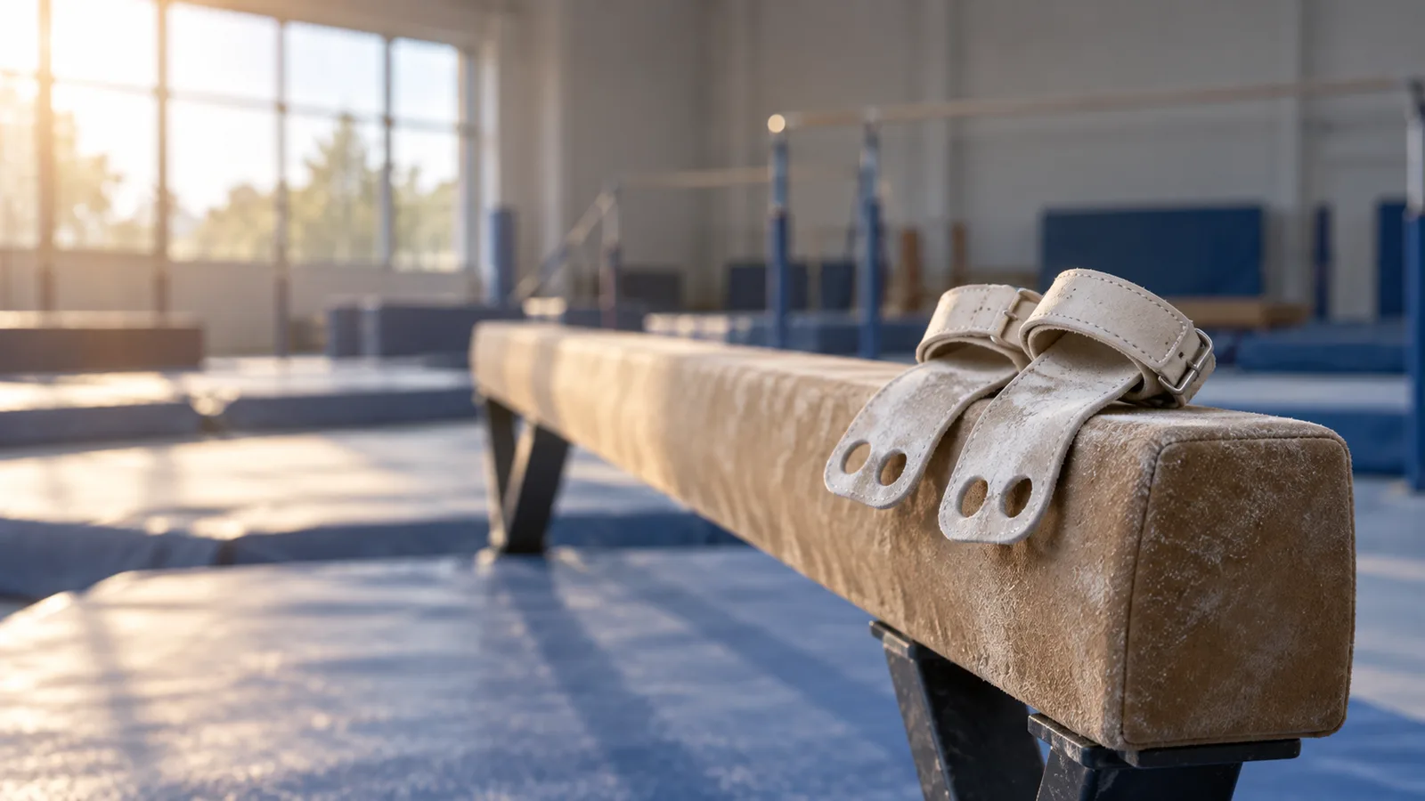 Suede gymnastics balance beam and leather grips in a training gym