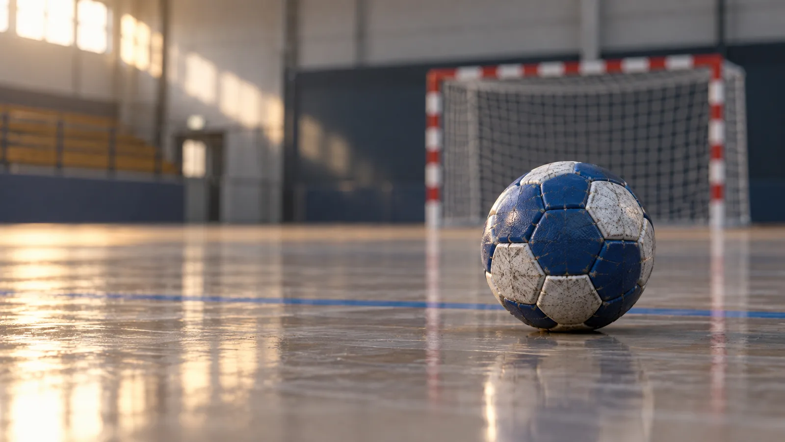Textured team handball on an indoor court with a striped goal behind