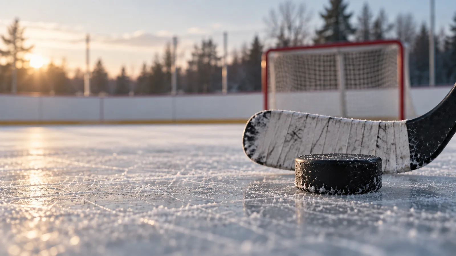 Hockey puck and taped stick blade on ice with a red goal behind