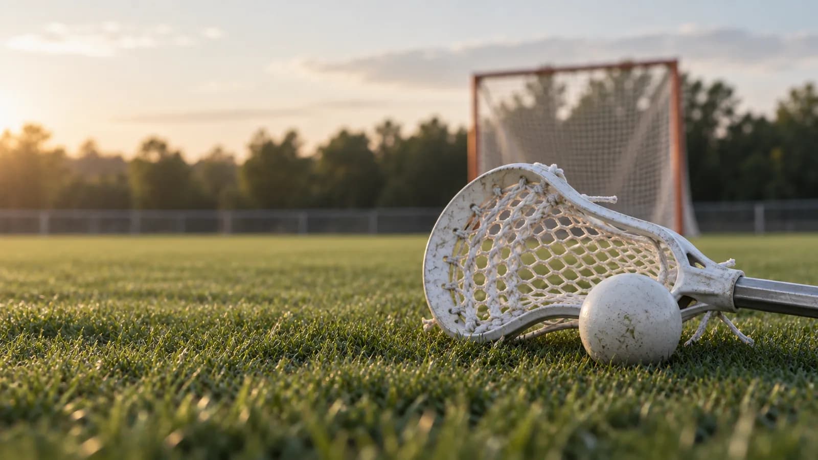 Lacrosse stick with a mesh pocket and white ball on a grass field