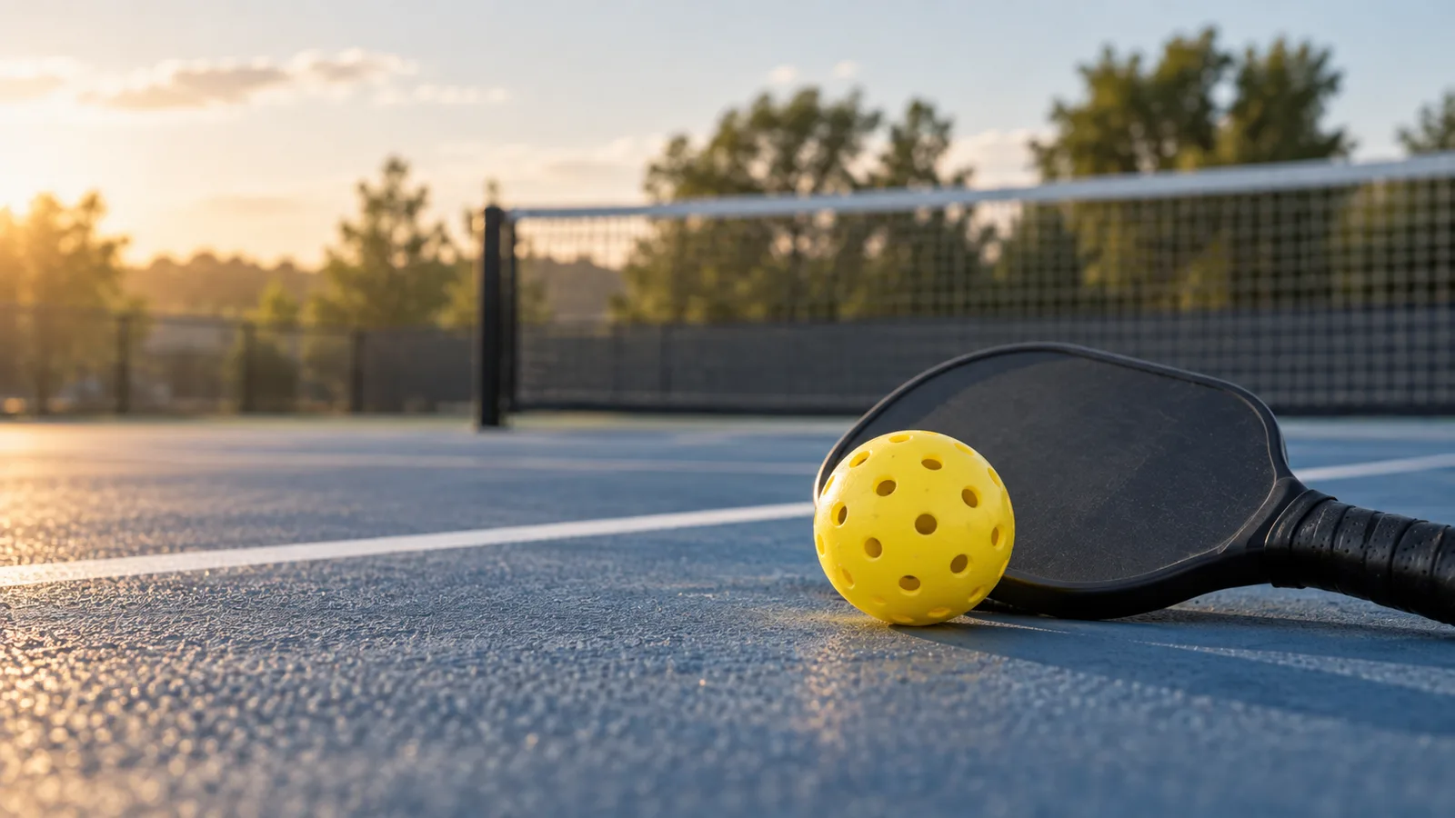 Pickleball paddle and yellow perforated ball on a blue court