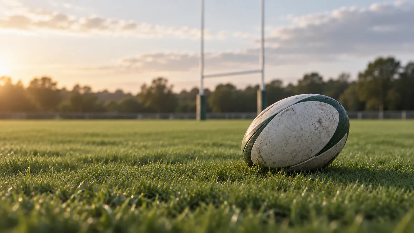 Rugby ball on a grass pitch with rugby posts in the background