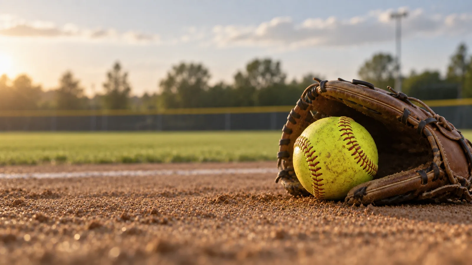 Softball and glove beside a ball diamond