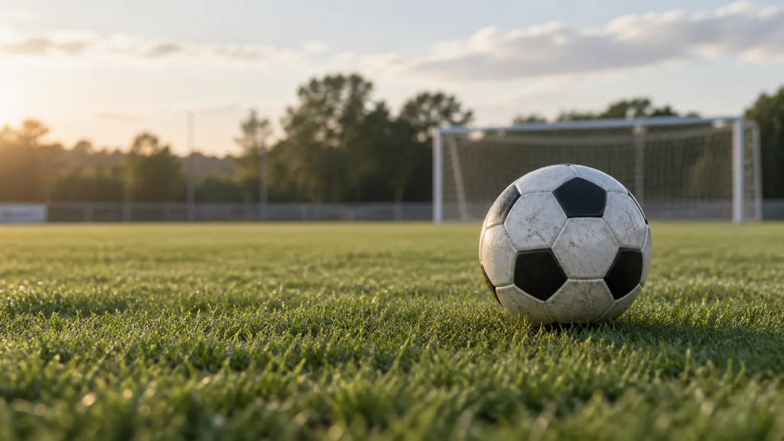 Soccer ball resting on a grass pitch