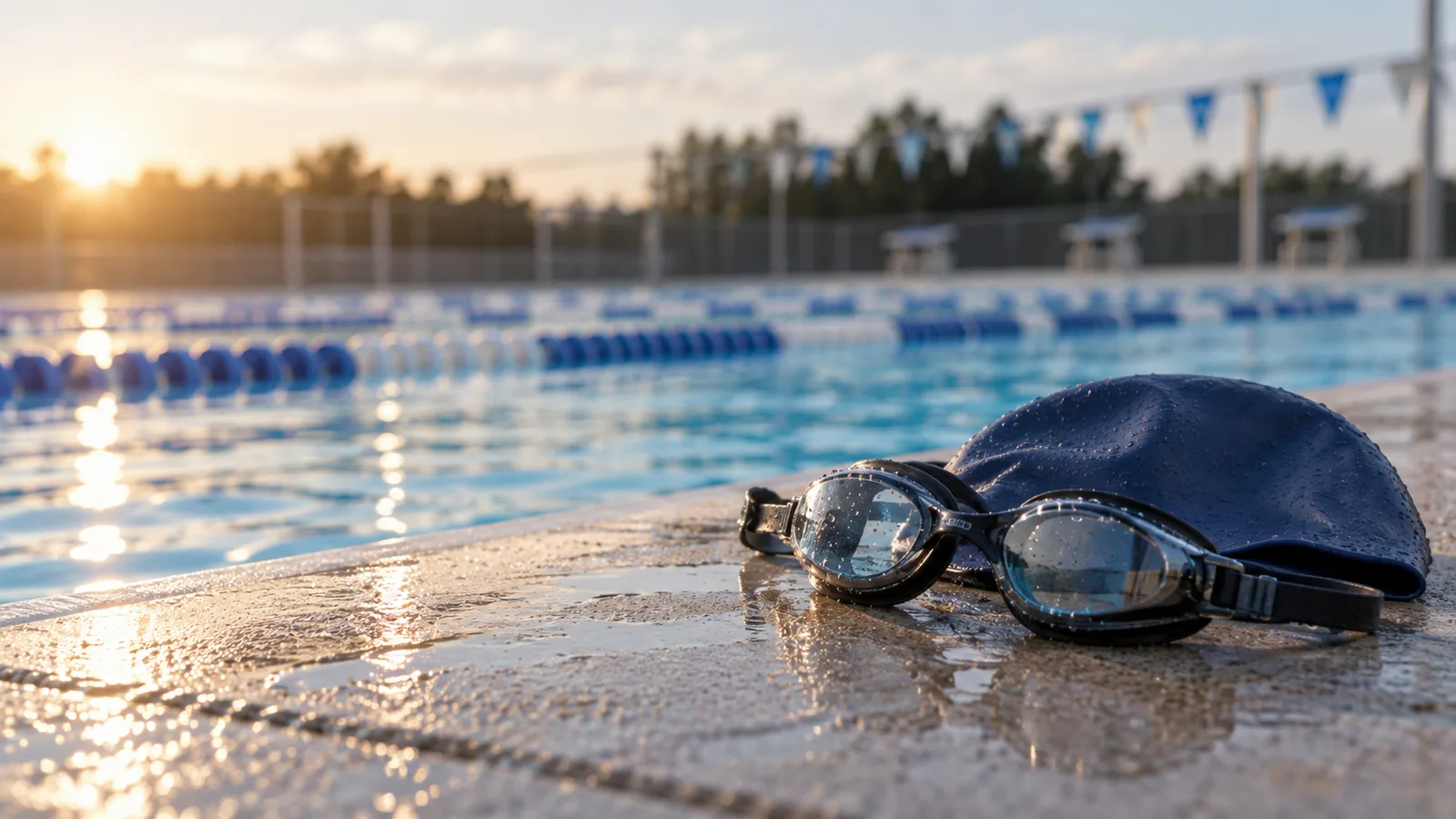 Swimming goggles and cap on a wet pool deck beside racing lanes
