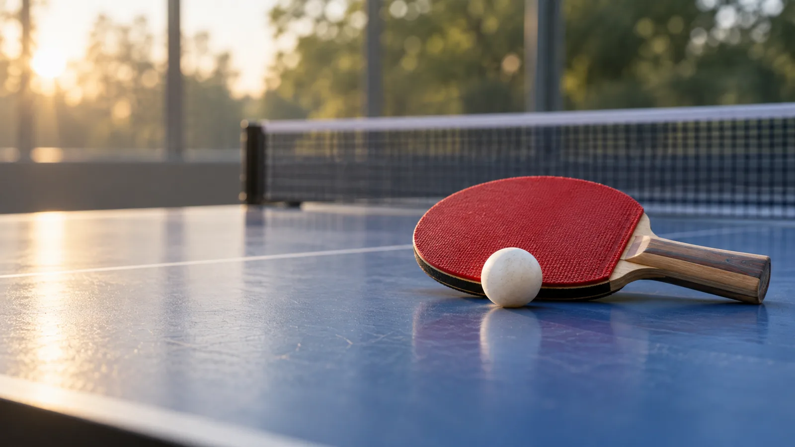 Red table tennis paddle and white ball beside a net on a blue table