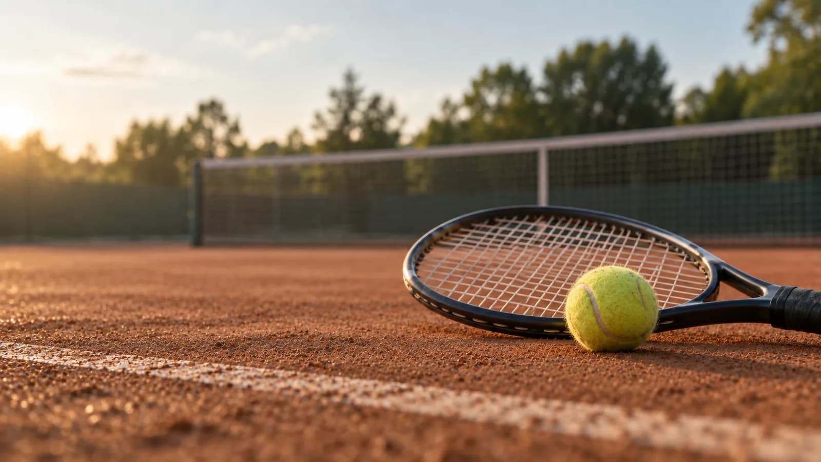 Tennis racket and yellow ball on a clay court with a net behind