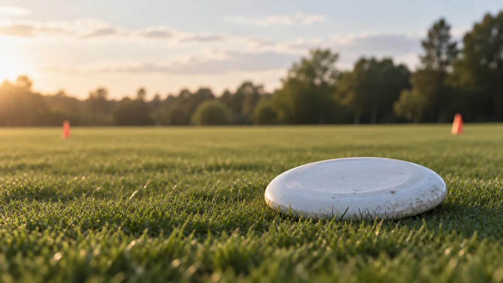 White flying disc on a grass ultimate field with orange cones behind