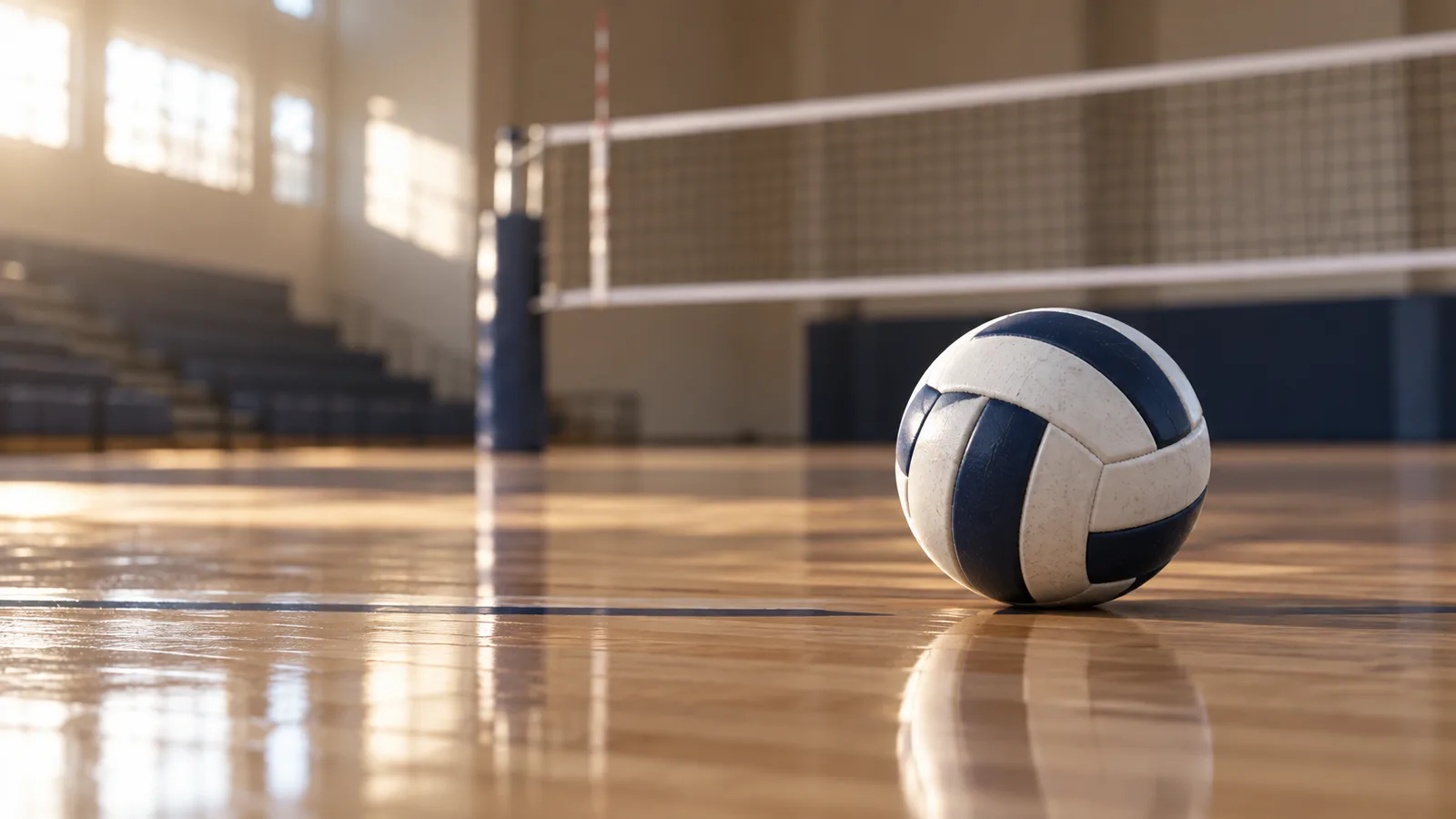 Volleyball on a wooden indoor court with a net in the background