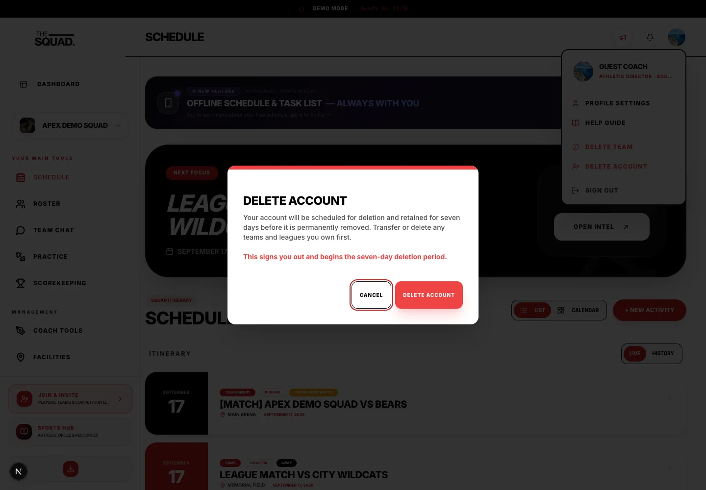 The account deletion confirmation explains the requested account action.