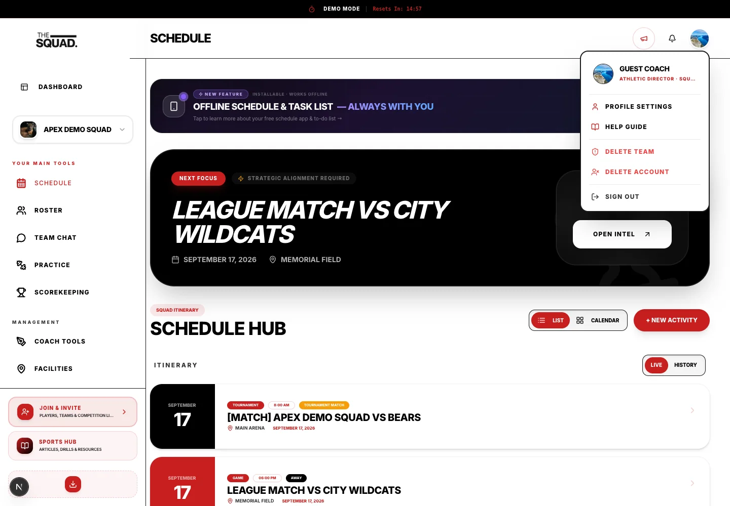 The account menu and workspace navigation.