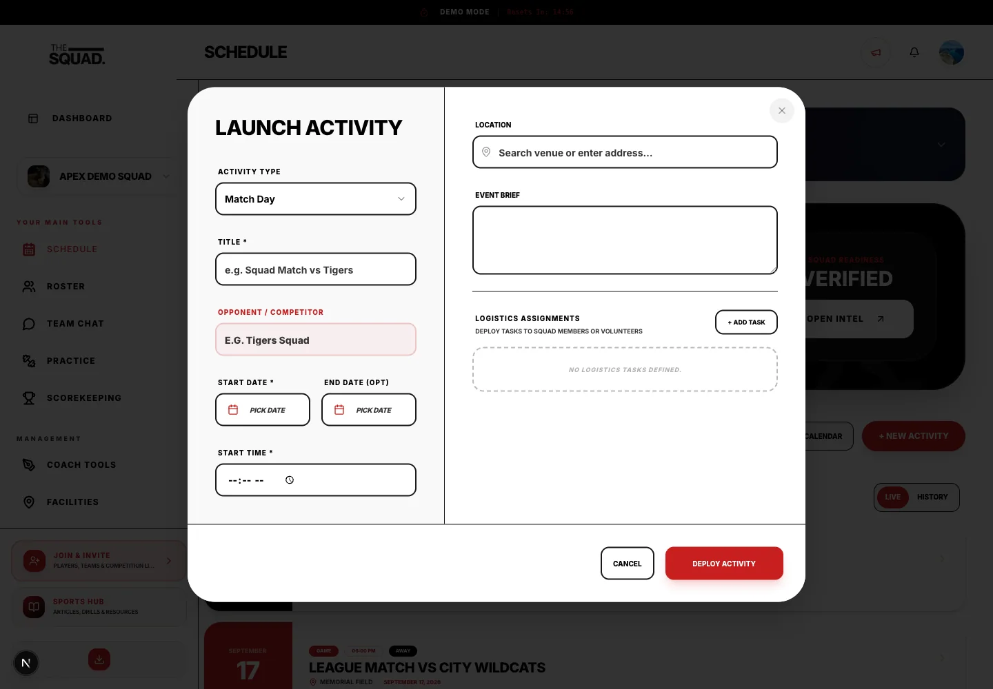 Location and Event Brief in the activity form.