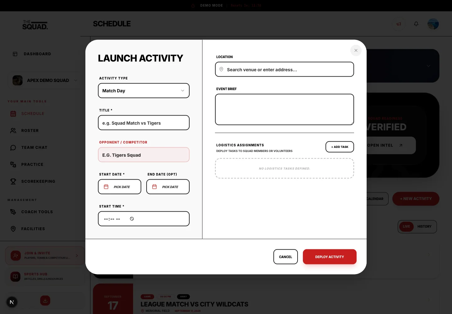 The new activity form starts with activity type and title.