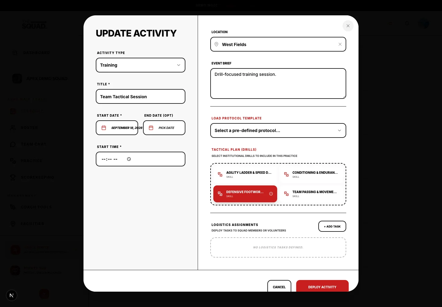 Practice drills and logistics assignments in the activity form.
