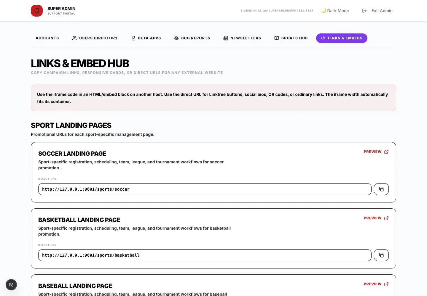 Embed administration provides widget configuration and preview.