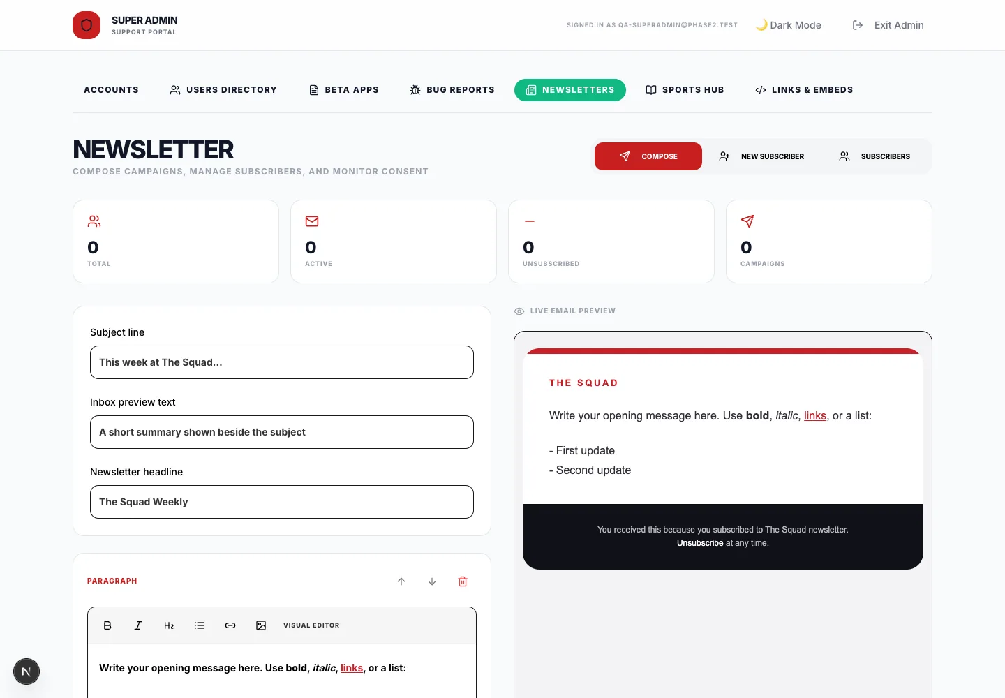 Newsletter management includes composition and delivery controls.