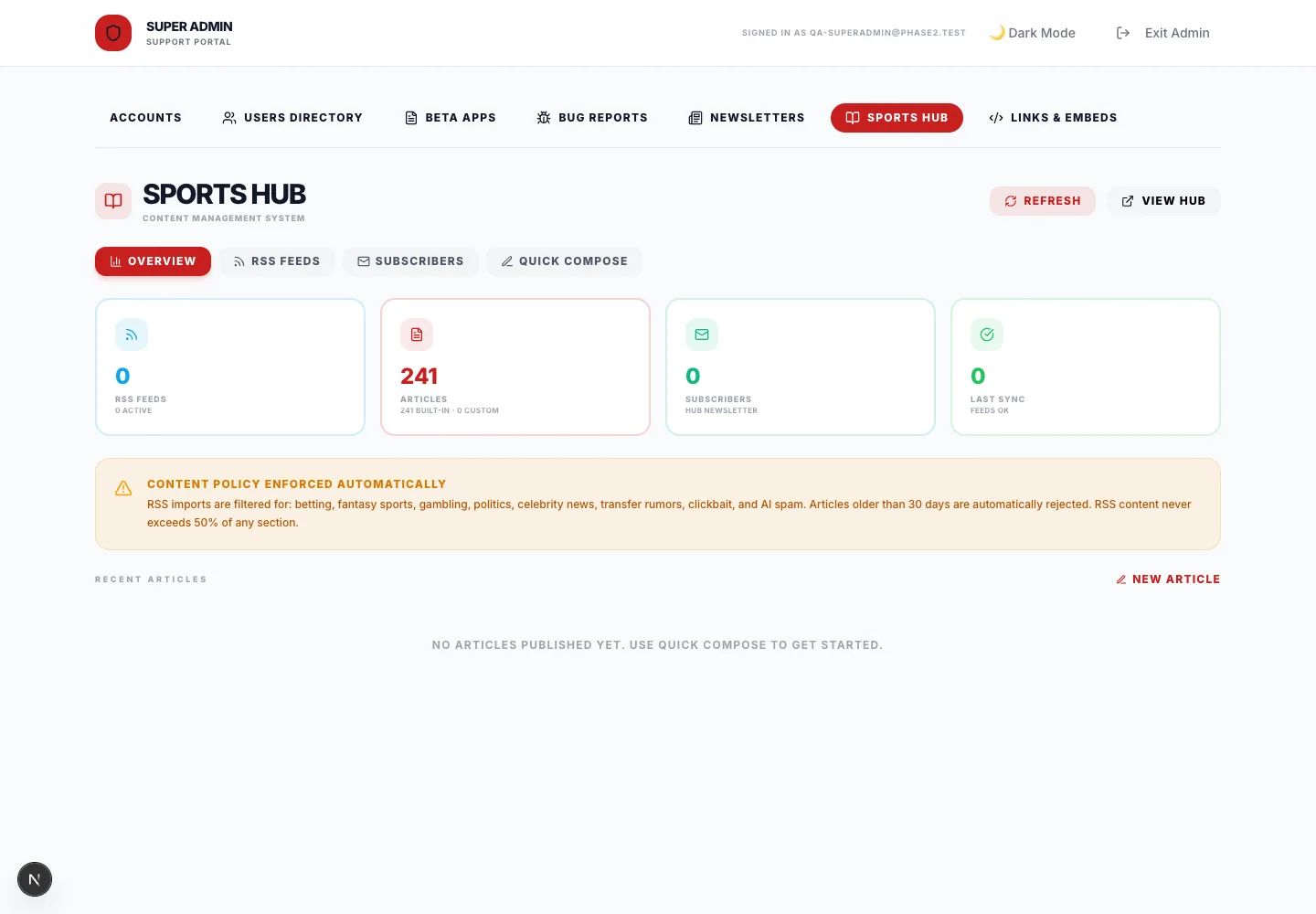 Sports Hub administration manages published resources and content.