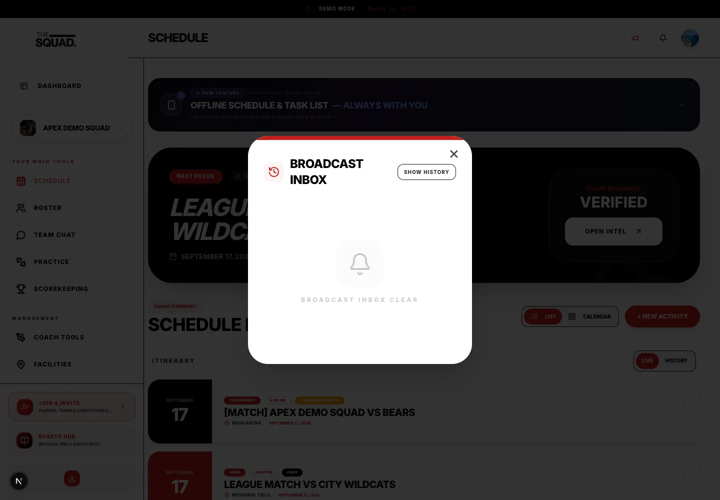 Alert history is available from the header bell.