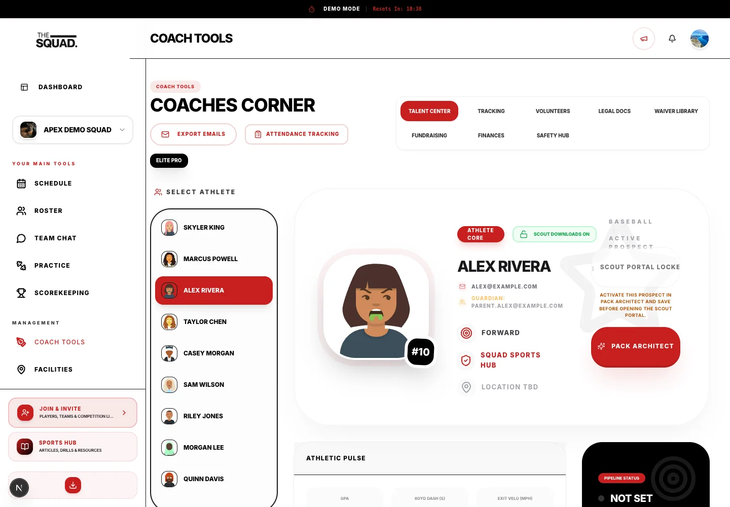 Talent Center opens the selected athlete’s profile and staff tools.