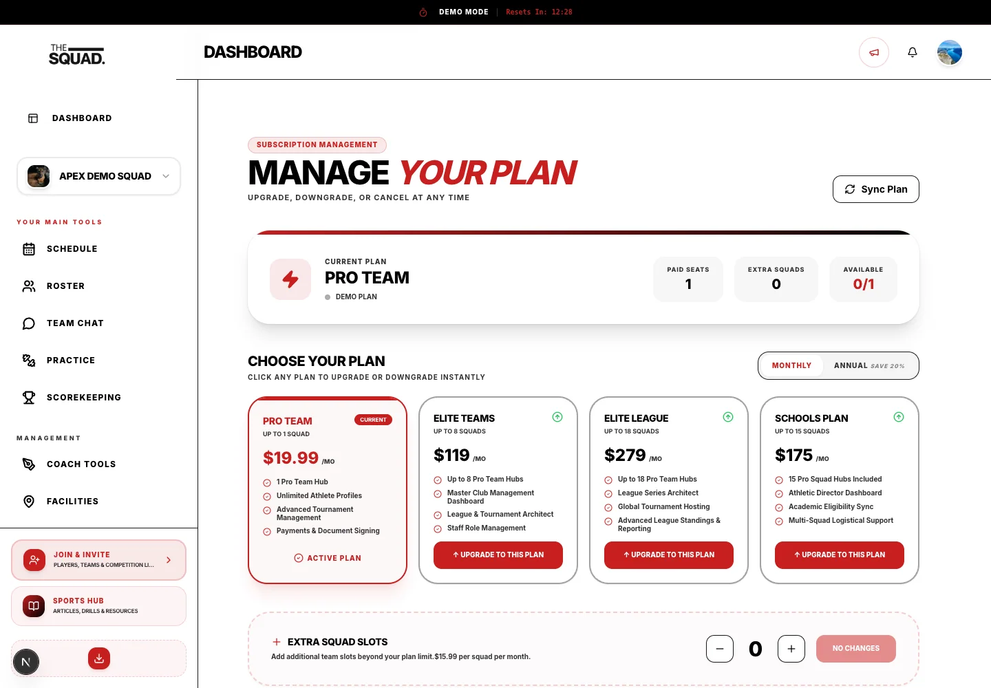 Manage Your Plan shows subscription and tier choices.