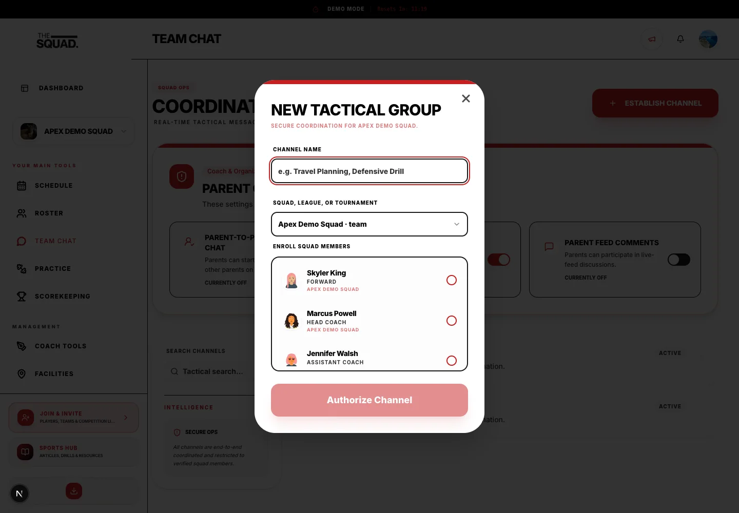 New Tactical Group contains the channel name and membership choices.