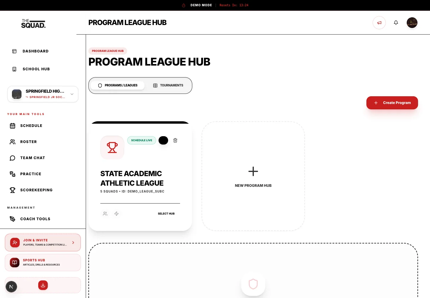 The shared competition hub separates league programs from tournaments.