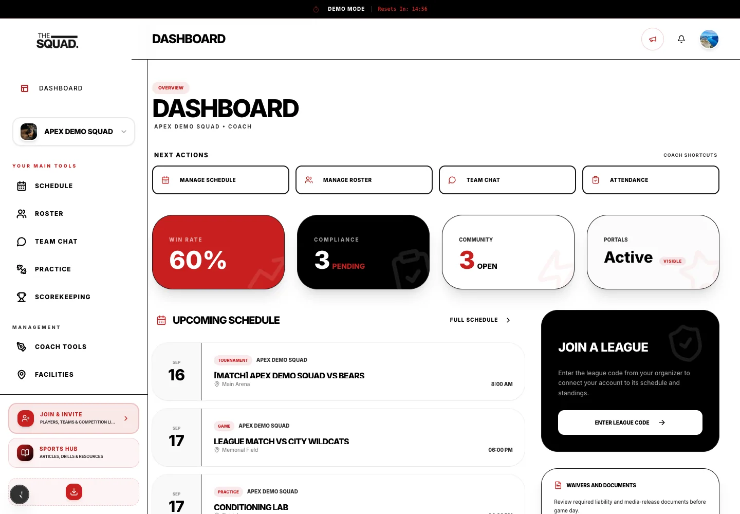 A sample coach dashboard after setup.