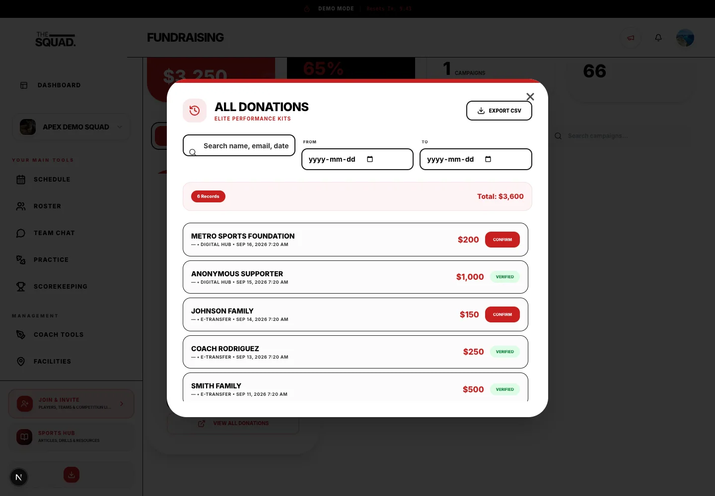 All Donations provides donor search and date filters.