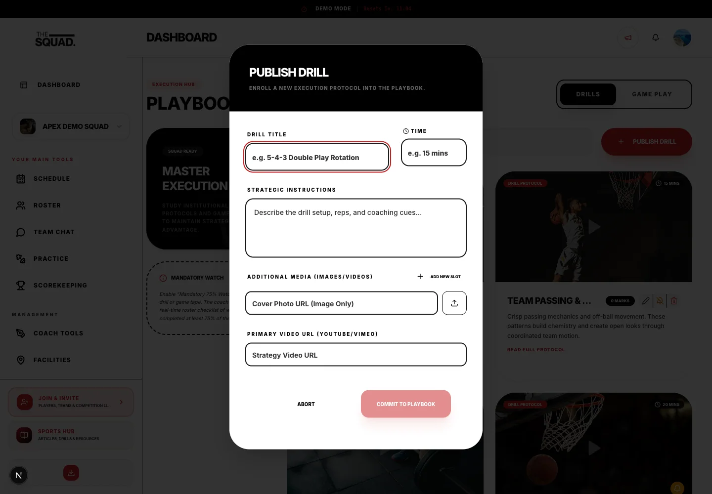 Publish Drill includes duration, instructions and media fields.