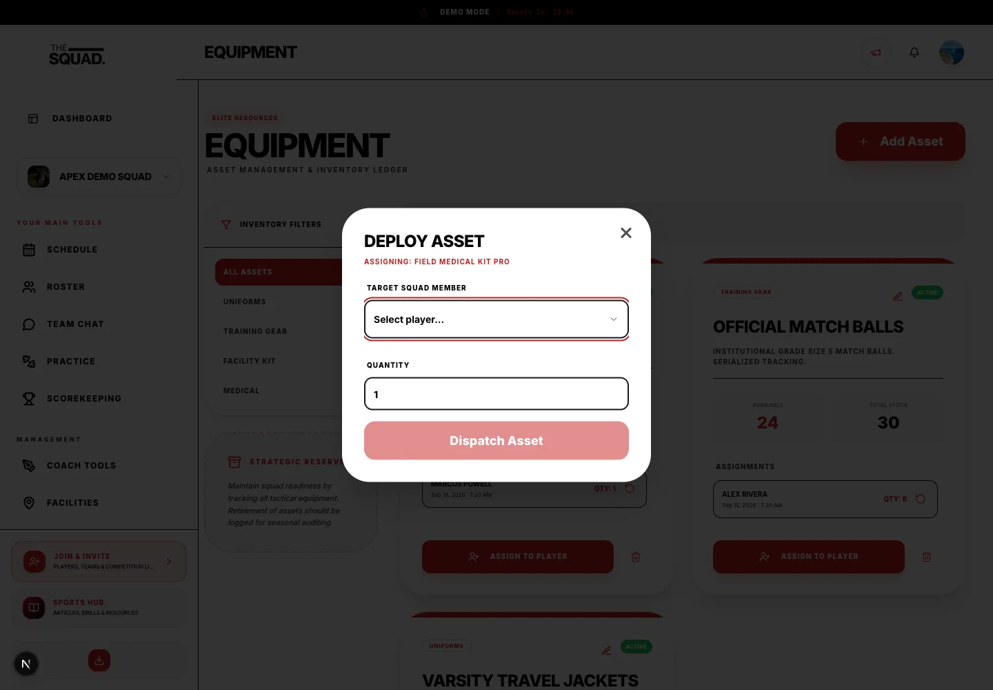 Deploy Asset assigns a quantity and applicable uniform details.