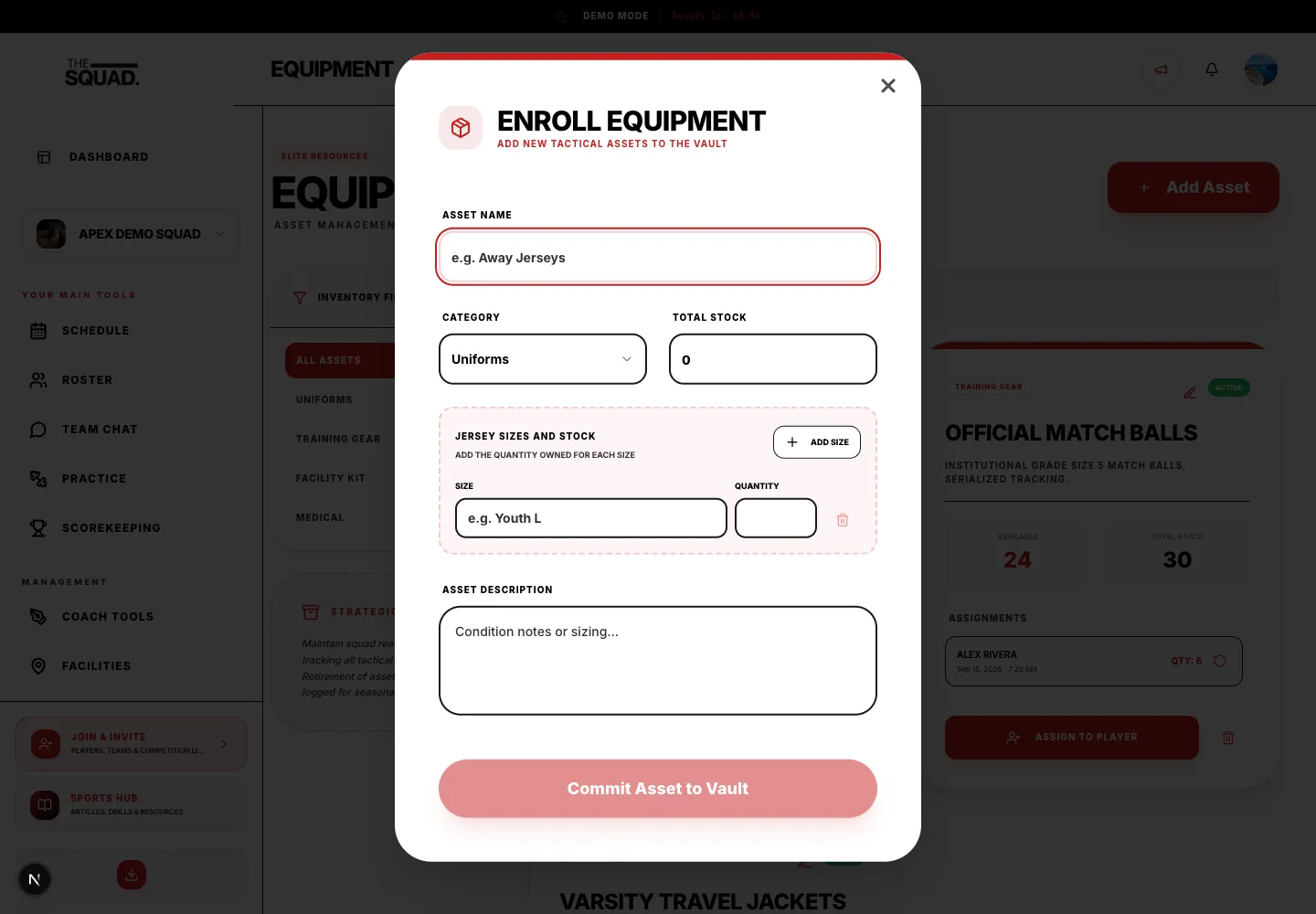 Enroll Equipment includes category, quantity and condition/size details.