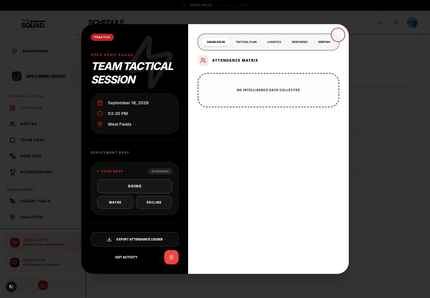 An opened practice activity with its details and member actions.