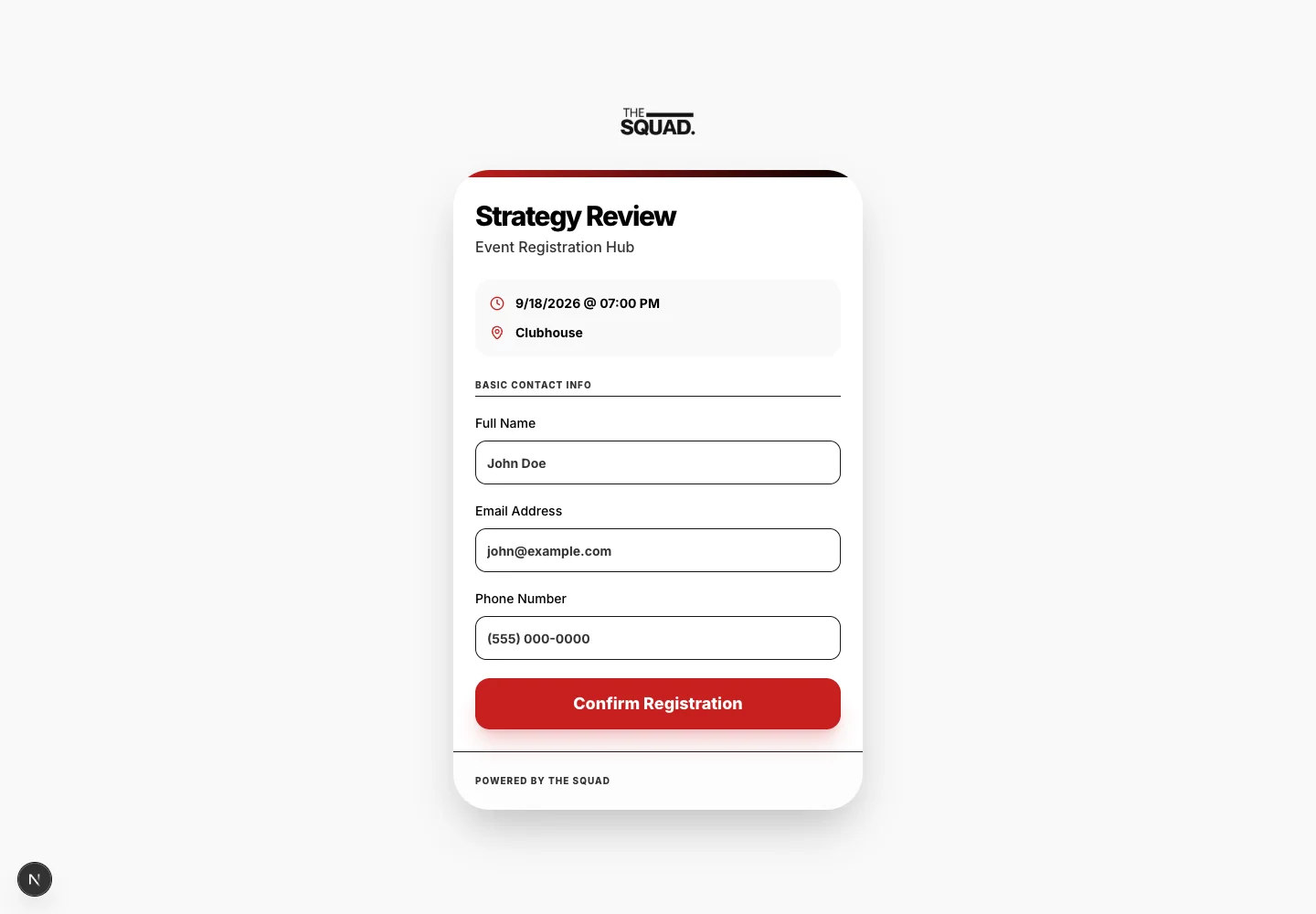 The event registration form and its submission controls.