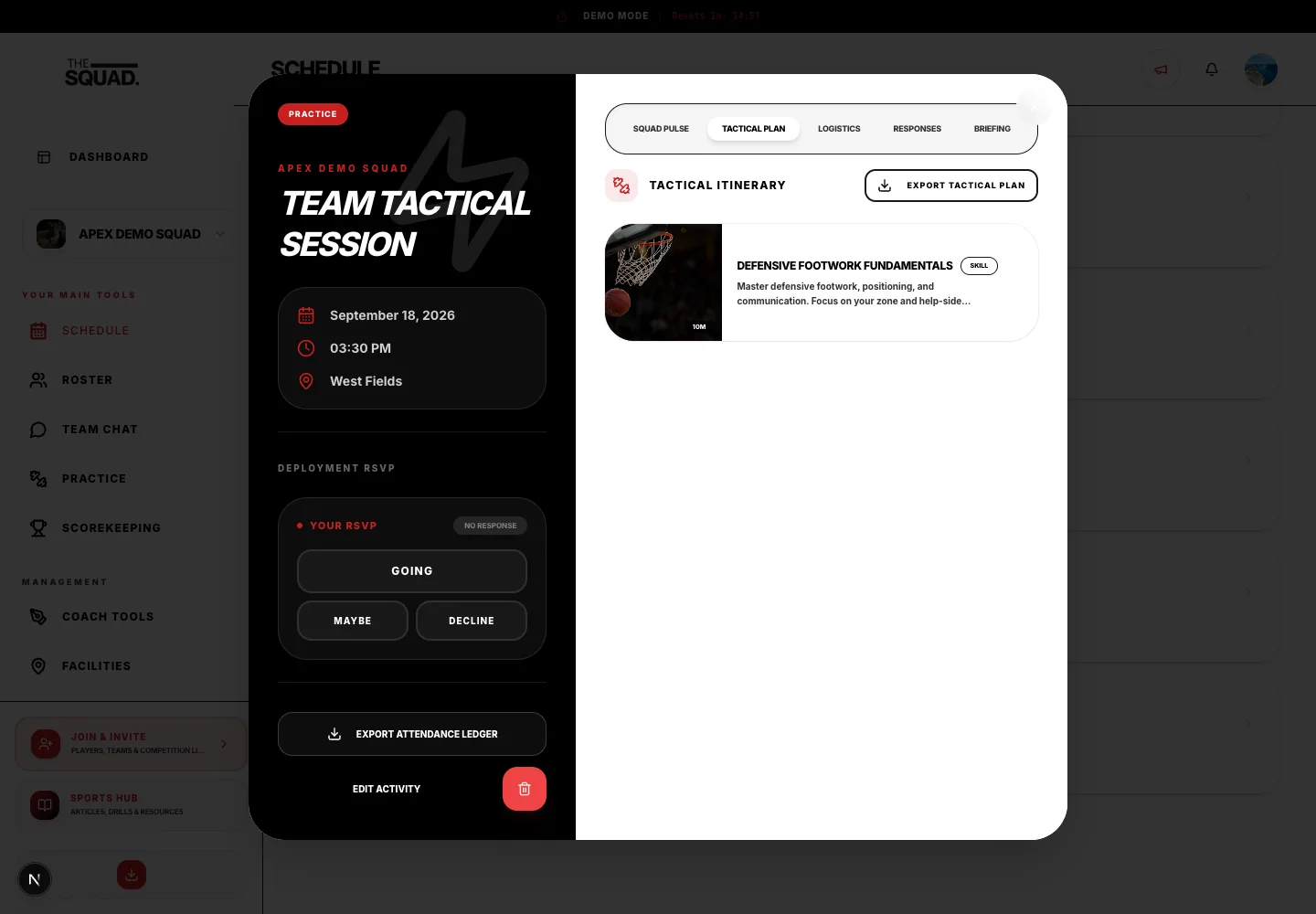 Export Tactical Plan is available for an activity with attached drills.