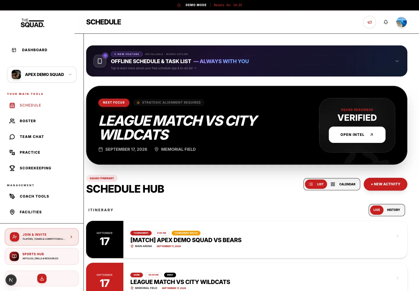 Schedule Hub includes List, Calendar, Live and History controls.