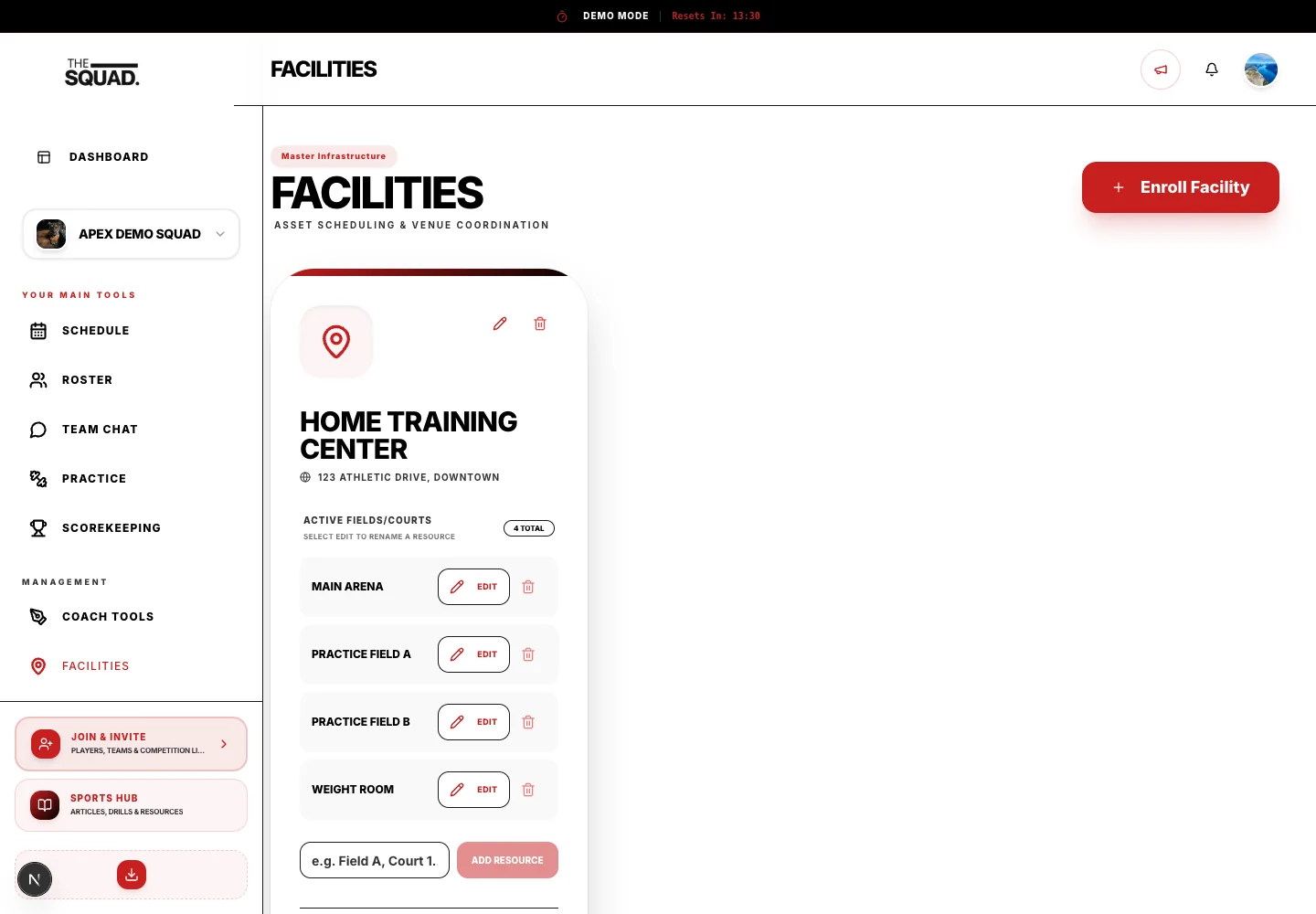 Each facility contains its playing resources.
