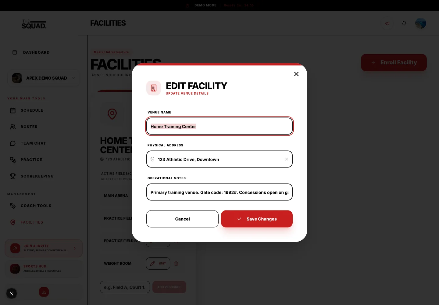 Facility editing preserves the venue’s identity while updating details.