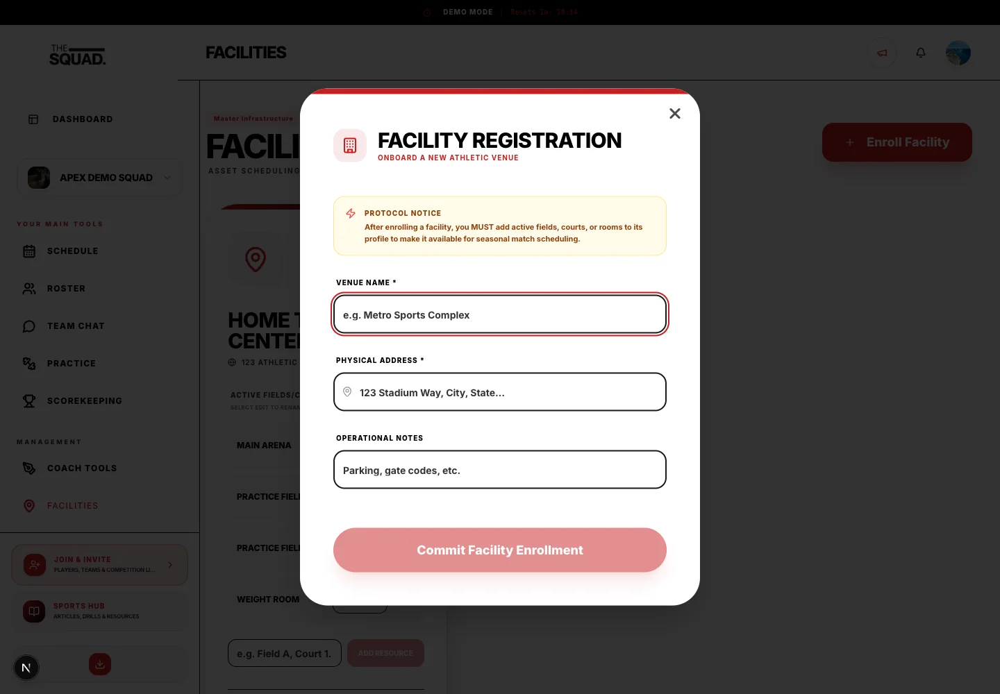 Facility Registration requires the venue name and address.