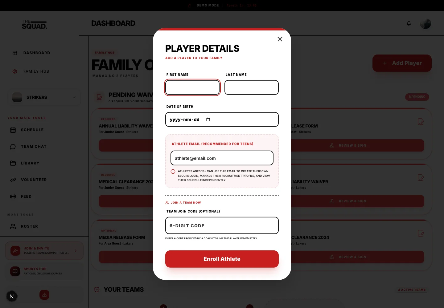 Player Details creates a child’s athlete profile.