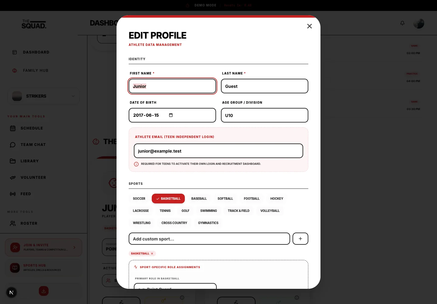 The child profile editor includes sports and guardian information.